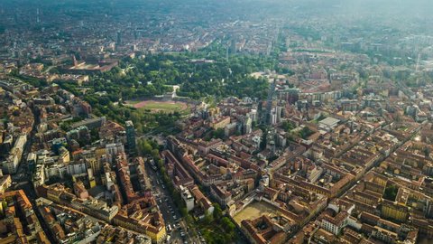 sunny day milan city park stadium aerial panorama 4k timelapse italy Stock Video