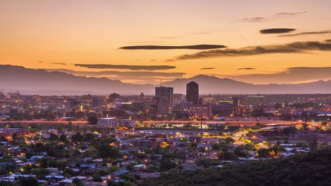 Tucson, Arizona, USA downtown skyline with Sentinel Peak at dawn.