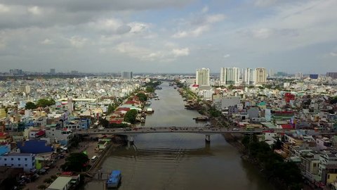 Aerial Drone -Flying Down Kenh Te River in Ho Chi Minh City Vietnam