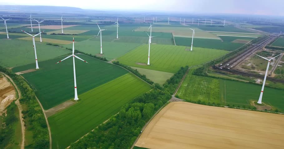 Germany, Hambach  May. 2018  drone aerial video of RWE wind turbines field and coal mine Landscape