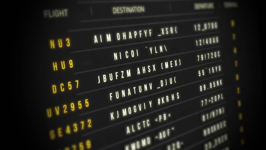 Airport Departure Board/
Animation of an airport departure board with flight, destination, time and decoding text Royalty-Free Stock Footage #1012101647