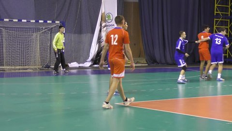 Orenburg, Russia - February13, 2018 year: boys play in handball International handball tournament in memory of the first Governor of Orenburg province Ivan Ivanovich Neplueva