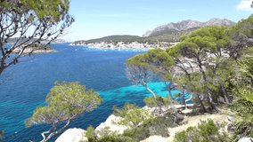 Idyllic island scenery of beautiful coast in Sant Elm on Majorca island, Spain Mediterranean Sea