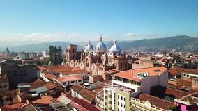 Ecuador Cuenca May 30, drone flight over New Cathedral at sunset, built in 1885 in neo Romanesque style. Panoramic view of the city. Real time video shoot on May 30, 2018