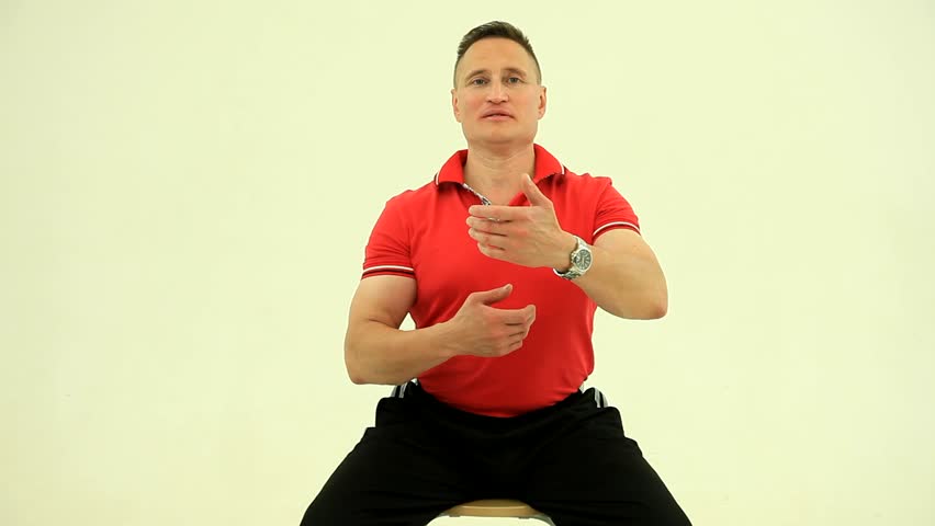 Funny music clip, humor. Strange freak  dancing and singing: man in red t shirt is dancing strange dance and singing