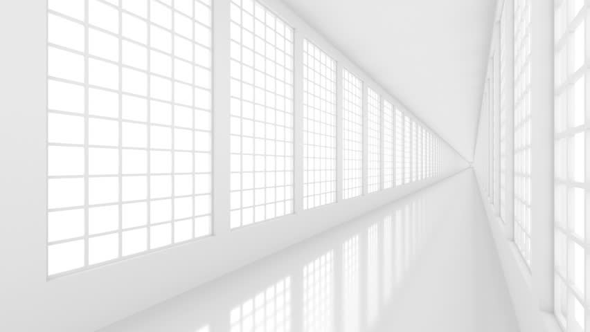 Futuristic empty white corridor with bright light from windows and glossy floor. Seamless looping animation