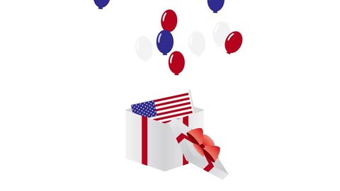 4th Of July animation. Red,Blue and white balloons Flying out from a gift box