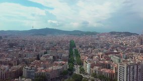 Aerial view de Espa a in Barcelona, Spain. Roundabout city traffic, top view. 4K video