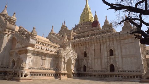The withe and gold Ananda Patho in Bagan, Myanmar from under a tree on a sunny day