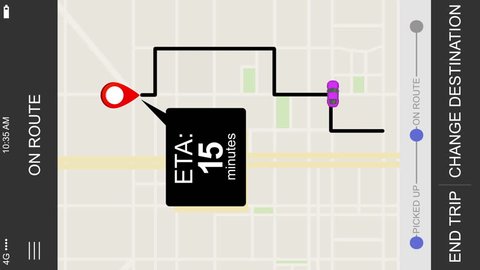 A simulated driver arriving ride sharing app ETA map screen for a cellular phone. Orientation is created vertical for placement on a typical 1080x1920 smartphone screen in portrait mode.	 	