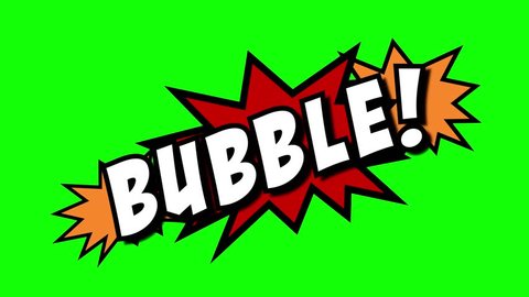A comic strip speech cartoon animation with an explosion shape. Words: mumble, bubble, rumble. White text, red and yellow spikes, green background.
