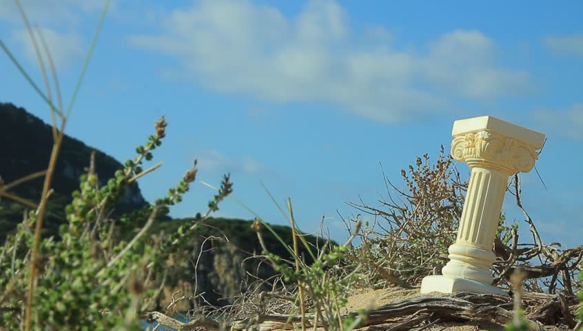 Greek column outdoor on nature. Holidays travel visiting new places for sightseeing concept.