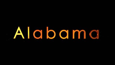 “Alabama” Text Animation. Reflective letters track inward with particles. Tourist Destination Title 