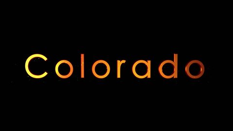 “Colorado” Text Animation. Reflective letters track inward with particles. Tourist Destination Title 