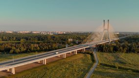 Redzinski Bridge in Wroclaw. Odra river, sunset / 4K Drone Video