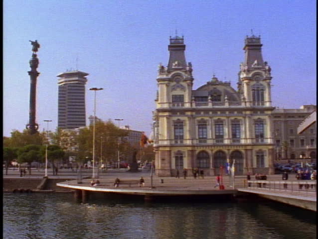 SPAIN, 1999, Port of Barcelona, Victorian Beau Arts yellow building, side, harbor