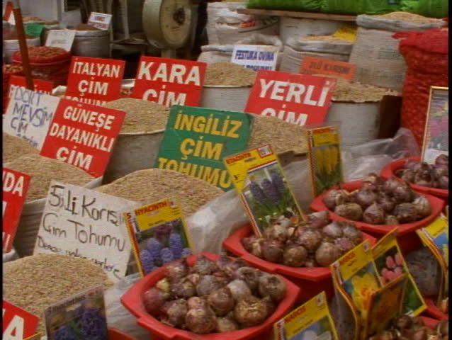 TURKEY, 1999, Spices in bags, pan left, Istanbul