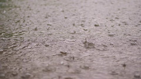 close-up, large, heavy drops of rain, rainfall, shower, fall with Water splashes, bubbles, on the wet surface of puddles, the surface of water. big drops from the rain on wet floor texture