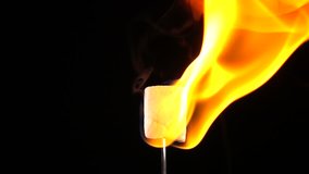 Marshmallow on fire. Front view. Slow motion. Black background.