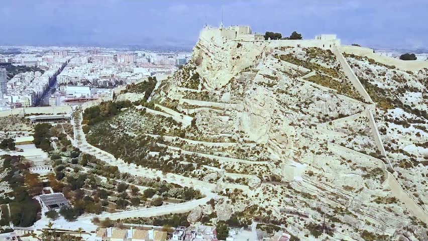 Aerial view on Observatory on the mountain city background. Scientific Observatory on the top of the mouintain. Stock.