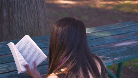 College student reading a book while sitting on a park bench surrounded by nature.