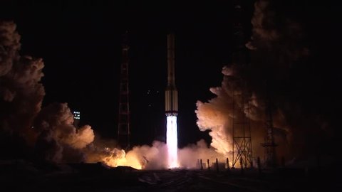 Proton rocket launch at night. Shot 2.