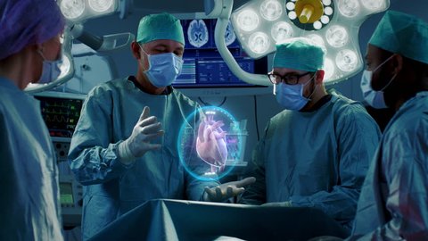 Surgeons Perform Heart Surgery Using Augmented Reality Technology. Difficult Heart Transplant Operation Using 3D Animation and Gestures. Interactive Animation Shows Vital Signs. 4K UHD.