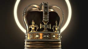 This stock motion graphic features a gold crown in with leather cloth inlay. Gems decorate this royal headgear that rotate on a platform. Use this clip for movie or TV sequences, information videos.