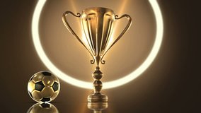 This stock motion graphic features a gold Trophy with Soccer Ball rotate on a platform. Use this clip for movie or TV sequences, information videos, sports, documentaries, music videos, video games.