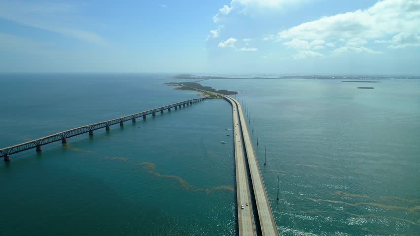 Cinematic aerial Florida Keys Overseas Highway converging roads