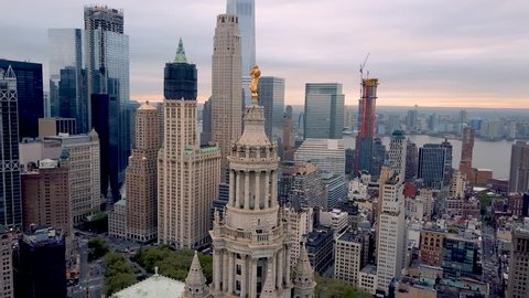 Aerial view of New York, Lower Manhattan. Residental and financial business buildings, streets ans crossroads from above. USA. Drone shot