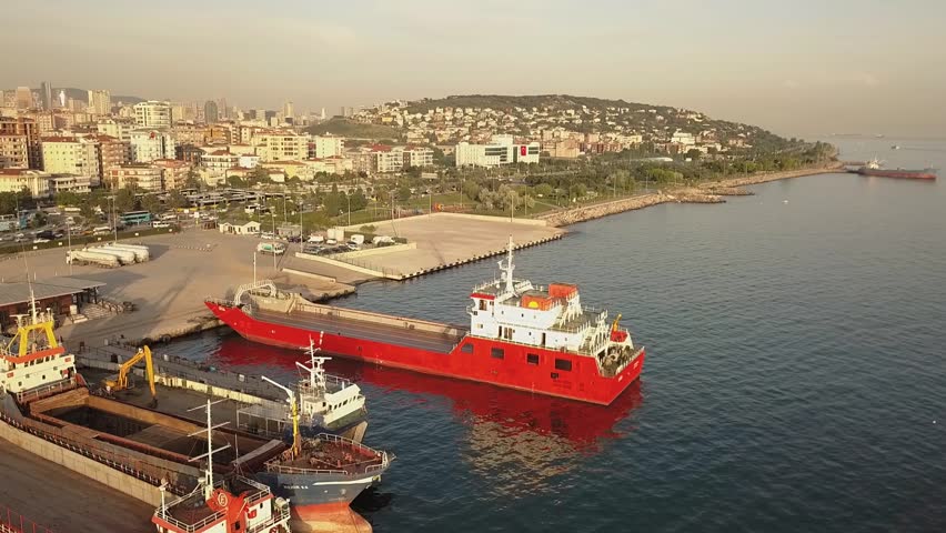 Cargo ships berthed in port at sunset time. View from aerial drone camera
