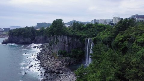 Aerial Veiw of Jeongbang Waterfall at Jeju Island, South Korea