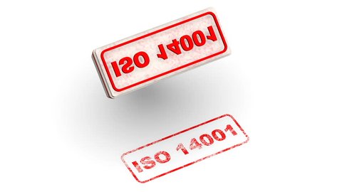 ISO 14001. The stamp leaves a red imprint ISO 14001 (ISO 14001 sets out the criteria for an Environmental Management System (EMS)) on white surface. Footage video