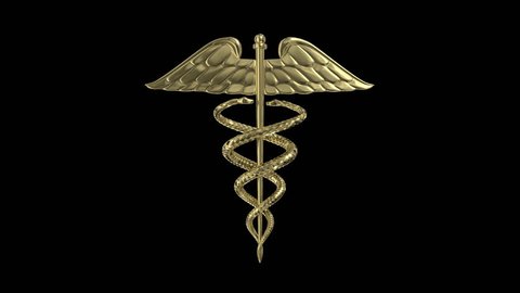 A golden Caduceus medical symbol rotates on a black background (Loop).