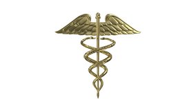 A golden Caduceus medical symbol rotates on a white background (Loop).