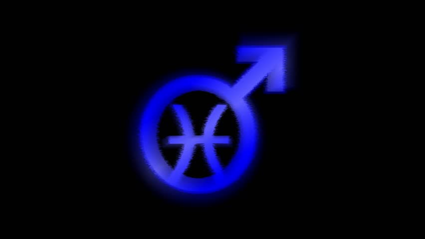 Animation of colored male symbol and zodiac pisces (fish) sign with the effect of glow and beating.