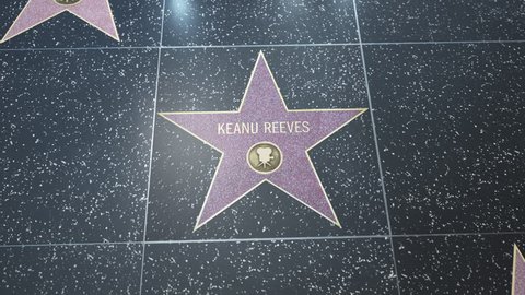 Hollywood, CA, USA - 05/03/18: Hollywood Walk of Fame Star with Keanu Reeve's name. Wide and CU Detail. For editorial purposes. Must get approval for 'commercial' use