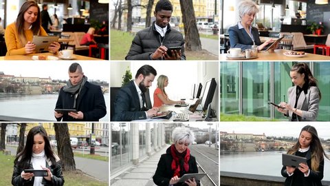 4K compilation (montage) - multicultural people work on tablet - street, park, cafe etc. 