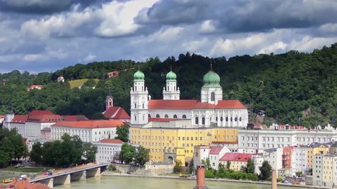 4K of Passau, Germany, from the South. Passau is also known as the "City of Three Rivers," because the Danube is joined here by the Inn and the Ilz
