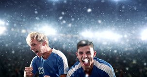 Soccer players celebrate a victory and clap their hands happily on the professional stadium while it is snowing. Stadium and crowd are made in 3D and animated.