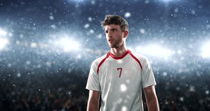 Soccer player celebrates a victory and screams happily on the professional stadium while it is snowing. Stadium and crowd are made in 3D and animated.