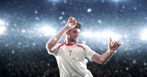 Soccer player celebrates a victory and dances happily on the professional stadium while it is snowing. Stadium and crowd are made in 3D and animated.