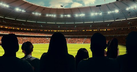 Fans celebrating the success of their favorite sports team and waving hands on the stands of the professional stadium. Stadium is made in 3D and animated.