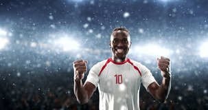 Soccer player celebrates a victory and jumps happily on the professional stadium while it is snowing. Stadium and crowd are made in 3D and animated.