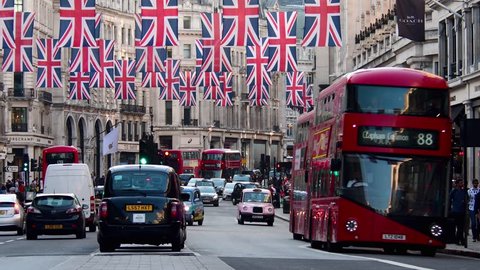 London, England/United Kingdom May 2018 The West End, Regent Street, Union Jacks to celebrate marriage of Prince Harry and Meghan Markle