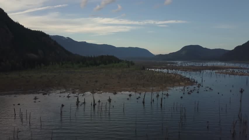 Aerial drone landscape view of the beautiful Canadian Nature during a vibrant morning. Taken in Stave Lake, East of Vancouver, BC, Canada.