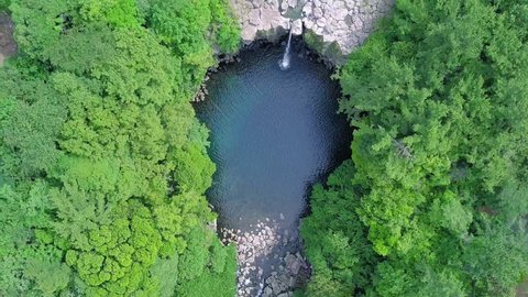 Aerial View of Cheonjeyeon Waterfall on Jeju Island, South Korea