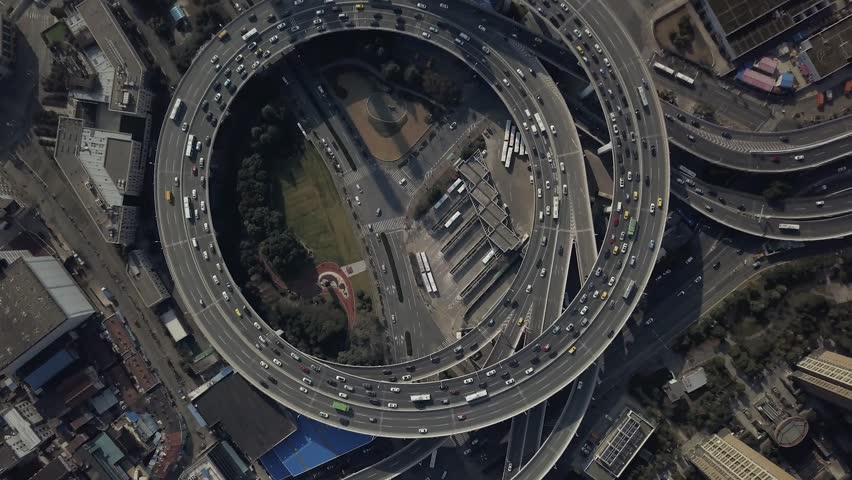 Unique Top Lu Jiabing Road traffic round circle multilevel complex. Cars transportation junction motion track Shanghai China Urban Construction modern. Sunny Clear Aerial Helicopter rotation 4k