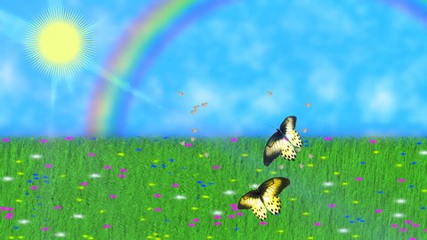 Summer nature. Butterflies and moths whirling on a background of grass field and blue sky with the shining sun and the appearing rainbow. Colorful graphic animation.